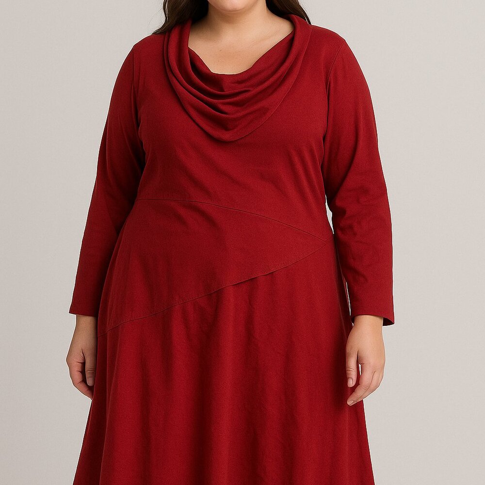 eShakti Red Long‎ Sleeve Cowl Neck Dress